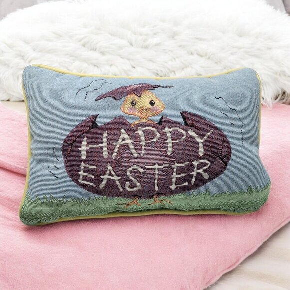 Vintage Happy Easter Chick Decorative Tapestry Throw Pillow Yellow - Picture 1 of 9